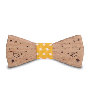 Ξύλινο Παπιγιόν Παιδικό Με Χαραγμένο Αστέρια Κορώνες Κίτρινο