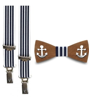 Ξύλινο Παπιγιόν Παιδικό & Τιράντες Ριγέ Μπλε