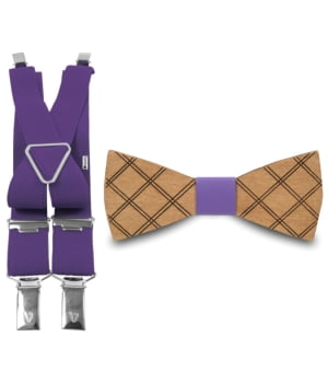 Ξύλινο Παπιγιόν Παιδικό με Λεπτομέρεια από Δέρμα & Τιράντες Checkered Μωβ