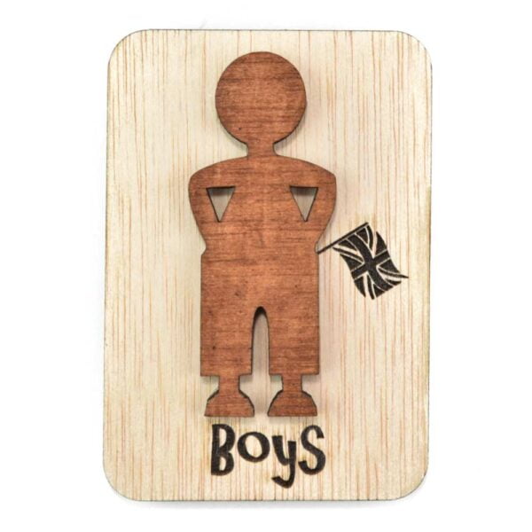Ξύλινη πινακίδα μπάνιου "boys" για αγόρια, για φροντηστήριο ξένων γλωσσών με σχέδιο