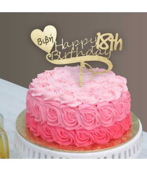 Ξύλινο Τόπερ για Τούρτα Happy Birthday και Όνομα με καρδια κομενο μεσα βιβη 18th βαμμενο χρυσο