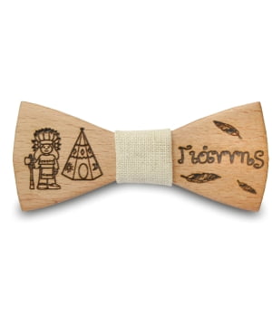 Ξύλινο Παπιγιόν Παιδικό Ινδιάνος με Χαραγμένο Όνομα Μπεζ
