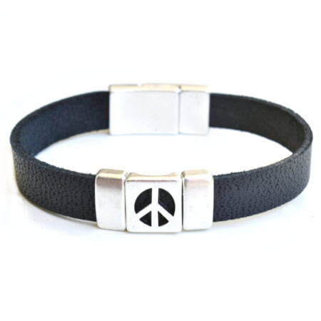Δερμάτινο Βραχιόλι Μαύρο Peace με Μεταλλικό Κούμπωμα