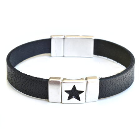 Δερμάτινο Βραχιόλι Μαύρο Star με Μεταλλικό Κούμπωμα