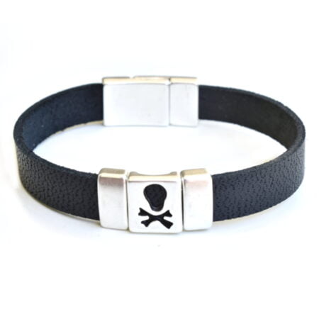 Δερμάτινο Βραχιόλι Μαύρο Skull με Μεταλλικό Κούμπωμα