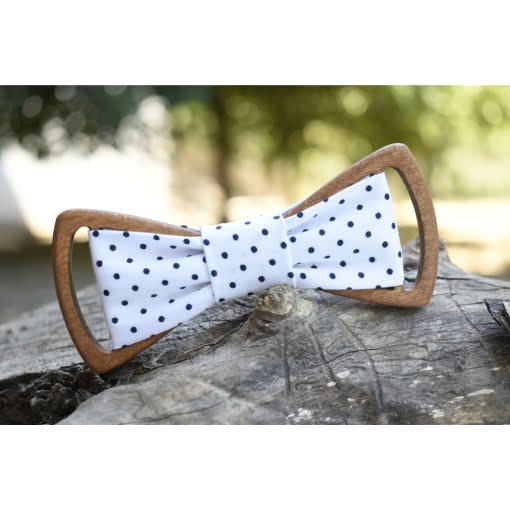 Ξύλινο Παπιγιόν με Ύφασμα Λευκό Μπλε Πουά - Image 2