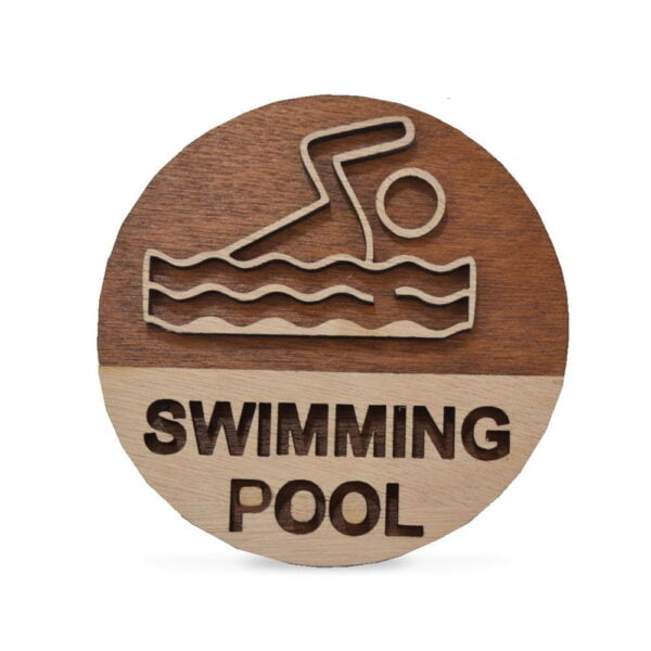Ξύλινη στρογγυλή πινακίδα πισίνας, swimming pool με σχέδιο.