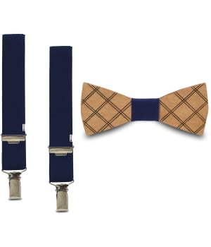 Ξύλινο Παπιγιόν Παιδικό & Τιράντες Checkered Μπλε