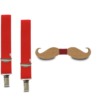 Ξύλινο Παπιγιόν Παιδικό & Τιράντες Μουστάκι Κόκκινο