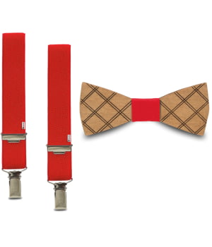 Ξύλινο Παπιγιόν Παιδικό & Τιράντες Κόκκινο Checkered