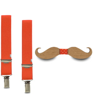 Ξύλινο Παπιγιόν Παιδικό Μουστάκι & Τιράντες Πορτοκαλί