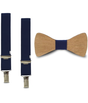 Σετ Ξύλινο Βρεφικό Παπιγιόν & Τιράντες Σκούρο Μπλε