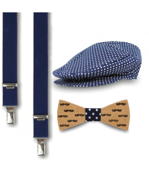 Σετ Τραγιάσκα, Τιράντες & Παπιγιόν Μπλε Πουά & Μουστάκια