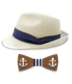 Σετ Ψάθινο Καπέλο Εκρού & Παπιγιόν Άγκυρες Μπλε