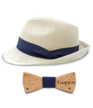 Σετ Ψάθινο Καπέλο Εκρού & Παπιγιόν Με Χαραγμένο Όνομα Μπλε