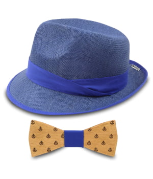 Σετ Ψάθινο Καπέλο Μπλε Ρουά & Παπιγιόν Άγκυρες Μπλε