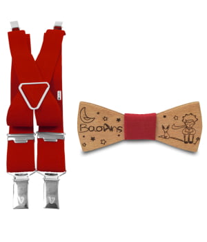 Ξύλινο Παπιγιόν Παιδικό & Τιράντες Με Χαραγμένο Όνομα Κόκκινο