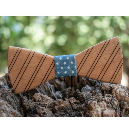 Ανδρικό Ξύλινο Παπιγιόν Stripes με Βαμβακερό Ύφασμα Natural - Image 2