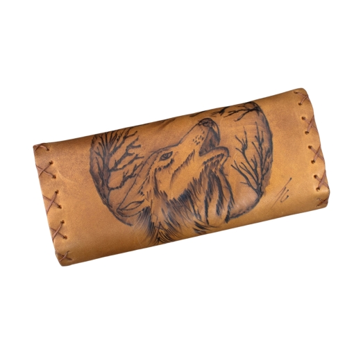 Καπνοθήκη Χειροποίητη Δερμάτινη Πυρογραφία Λύκος & Φεγγάρι - Image 2