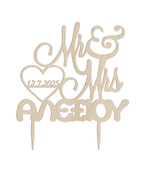 Ξύλινο Τόπερ για Γαμήλια Τούρτα Mr & Mrs με Επώνυμο Ζευγαριού