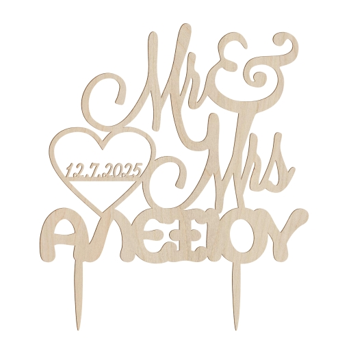 Ξύλινο Τόπερ για Γαμήλια Τούρτα Mr & Mrs με Επώνυμο Ζευγαριού