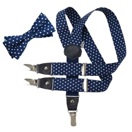 Παπιγιόν και Παιδικές Τιράντες με Ύφασμα Μπλε Αστεράκια & Δέρμα