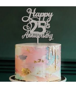 Ξύλινο Τόπερ για Τούρτα Happy Anniversary με Αριθμό 25th με καρδια πανω σε τουρτα βαμμενο ασημι