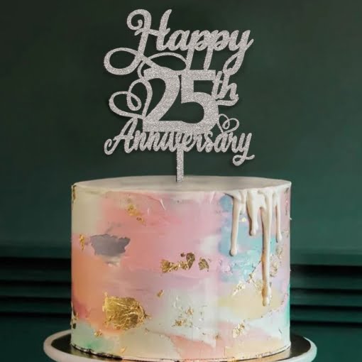 Ξύλινο Τόπερ για Τούρτα Happy Anniversary με Αριθμό 25th με καρδια πανω σε τουρτα βαμμενο ασημι