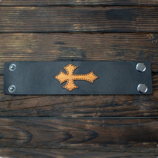 Δερμάτινο Βραχιόλι Περικάρπιο Φαρδύ Μαύρο Σταυρός - Image 2