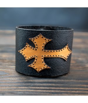 Δερμάτινο Βραχιόλι Περικάρπιο Φαρδύ Μαύρο Σταυρός