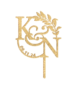 Ξύλινο Τόπερ για Γαμήλια Τούρτα με Αρχικά Ζευγαριού Κλαδί Eλιάς