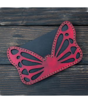 Πορτοφόλι Δερμάτινο Χειροποίητο Λεπτό για Κάρτες Κόκκινη Πεταλούδα