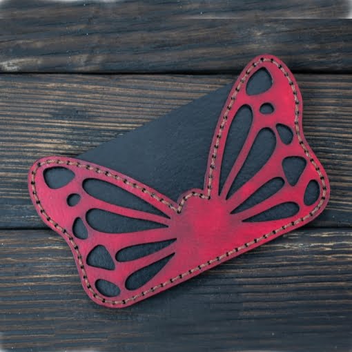 Πορτοφόλι Δερμάτινο Χειροποίητο Λεπτό για Κάρτες Κόκκινη Πεταλούδα