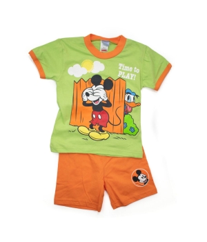 βαμβακερό σετ πυτζαμάκι λαχανί και πορτοκαλί με κοντό παντελονάκι και κοντομάνικο μπλουζάκι με σχέδιο μίκι μάους
