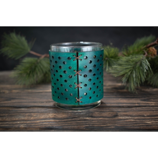 Γυάλινο Κηροπήγιο με Δερμάτινη Επένδυση Πράσινο Χιονονιφάδα - Image 3