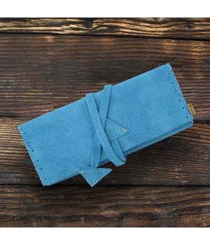 Καπνοθήκη Χειροποίητη Δερμάτινη Σουέτ με Κορδόνι Γαλάζιο