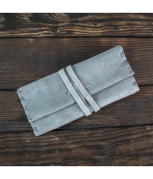 Καπνοθήκη Χειροποίητη Δερμάτινη Σουέτ με Κορδόνι Γκρι