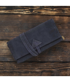 Καπνοθήκη Χειροποίητη Δερμάτινη Σουέτ με Κορδόνι Σκουρο Μπλε