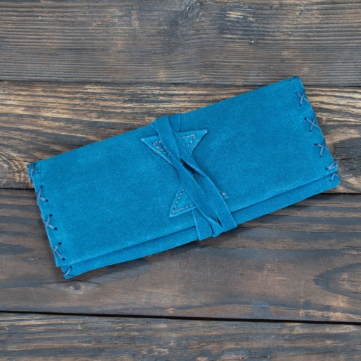 Καπνοθήκη Χειροποίητη Δερμάτινη Σουέτ με Κορδόνι Μπλε Ραφ - Image 5