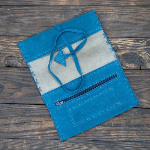 Καπνοθήκη Χειροποίητη Δερμάτινη Σουέτ με Κορδόνι Μπλε Ραφ - Image 3