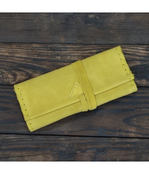 Καπνοθήκη Χειροποίητη Δερμάτινη Σουέτ με Κορδόνι Κίτρινη