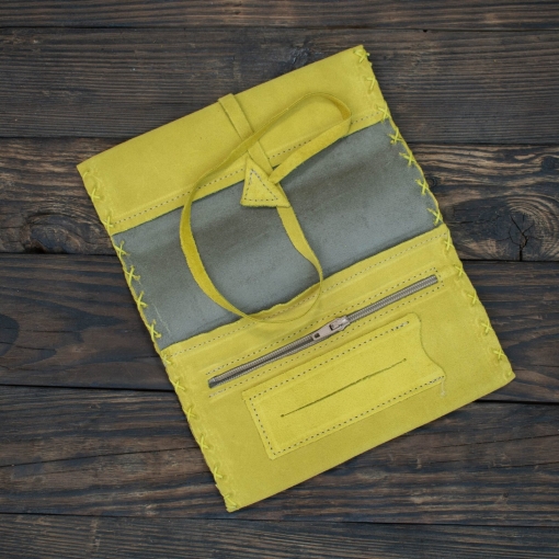 Καπνοθήκη Χειροποίητη Δερμάτινη Σουέτ με Κορδόνι Κίτρινη - Image 3
