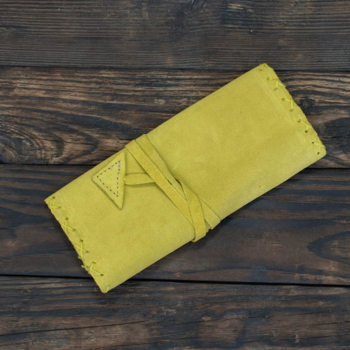 Καπνοθήκη Χειροποίητη Δερμάτινη Σουέτ με Κορδόνι Κίτρινη - Image 2