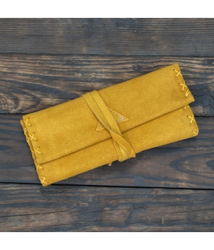 Καπνοθήκη Χειροποίητη Δερμάτινη Σουέτ με Κορδόνι Μουσταρδί