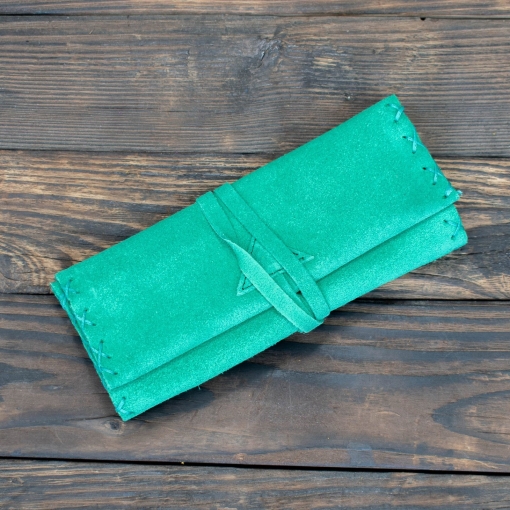 Καπνοθήκη Χειροποίητη Δερμάτινη Σουέτ με Κορδόνι Πράσινο Ανοιχτό - Image 2