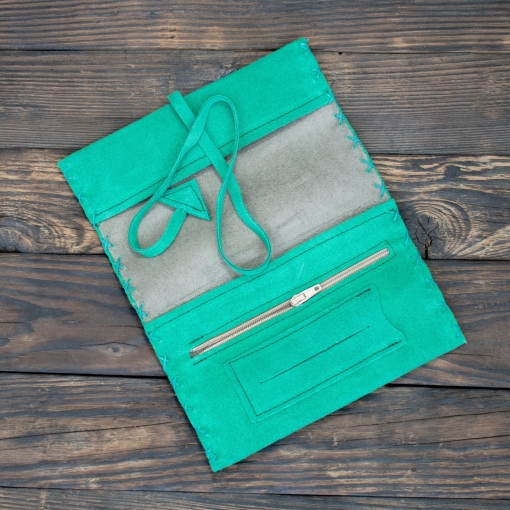 Καπνοθήκη Χειροποίητη Δερμάτινη Σουέτ με Κορδόνι Πράσινο Ανοιχτό - Image 3