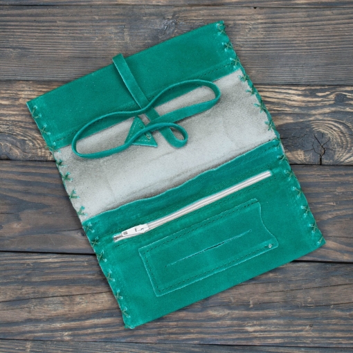 Καπνοθήκη Χειροποίητη Δερμάτινη Σουέτ με Κορδόνι Πράσινο - Image 3