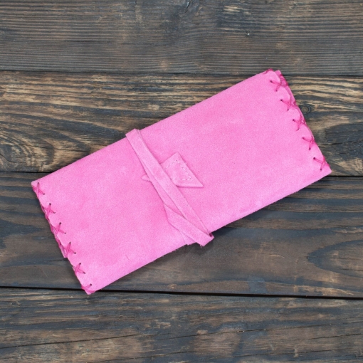 Καπνοθήκη Χειροποίητη Δερμάτινη Σουέτ με Κορδόνι Ροζ - Image 2