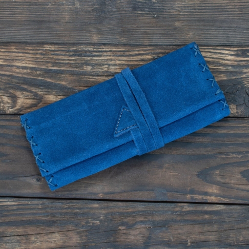 Καπνοθήκη Χειροποίητη Δερμάτινη Σουέτ με Κορδόνι Μπλε - Image 4