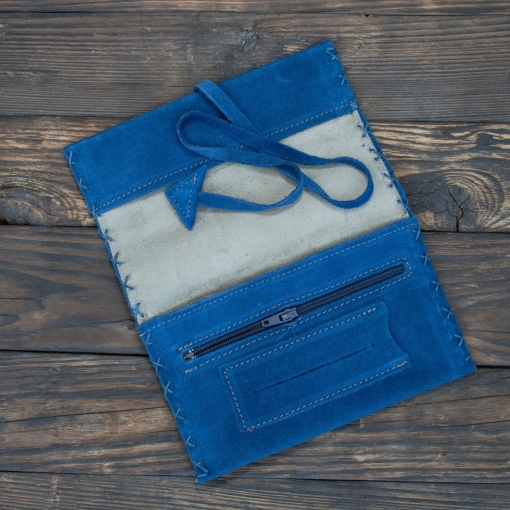 Καπνοθήκη Χειροποίητη Δερμάτινη Σουέτ με Κορδόνι Μπλε - Image 3